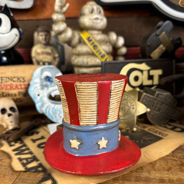 USA Patriotic Hat Coin Bank Cast Aluminum 4" Vintage Style Red White Blue