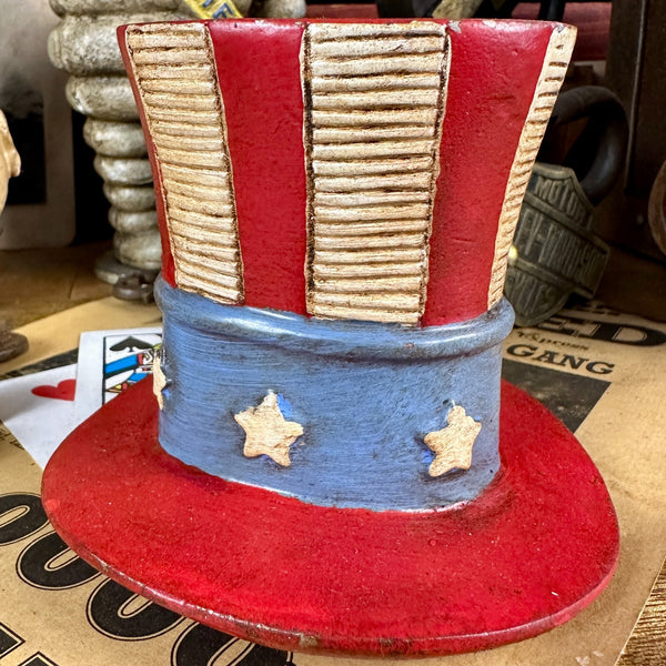 USA Patriotic Hat Coin Bank Cast Aluminum 4" Vintage Style Red White Blue