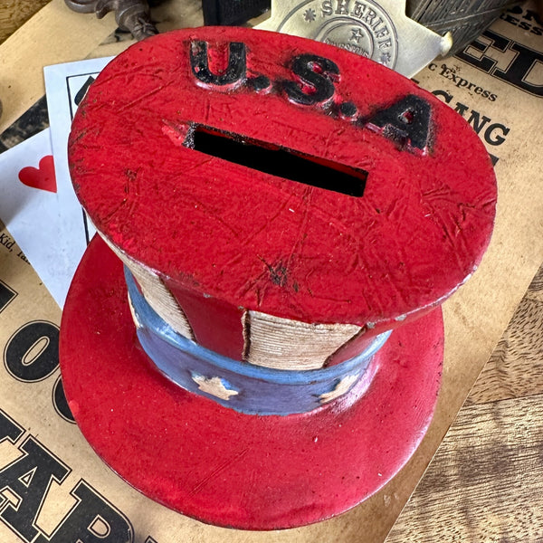 USA Patriotic Hat Coin Bank Cast Aluminum 4" Vintage Style Red White Blue