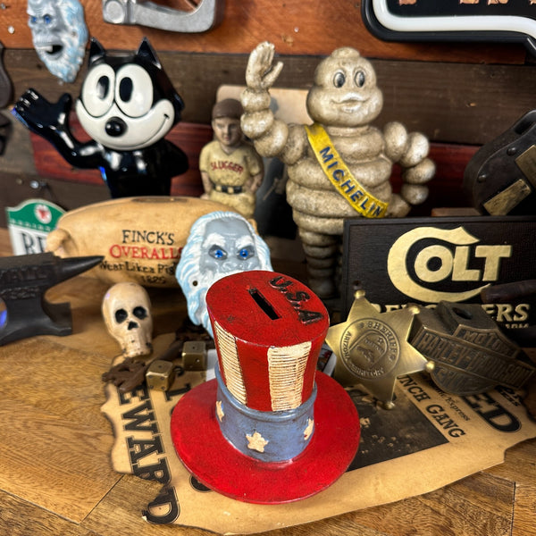 USA Patriotic Hat Coin Bank Cast Aluminum 4" Vintage Style Red White Blue