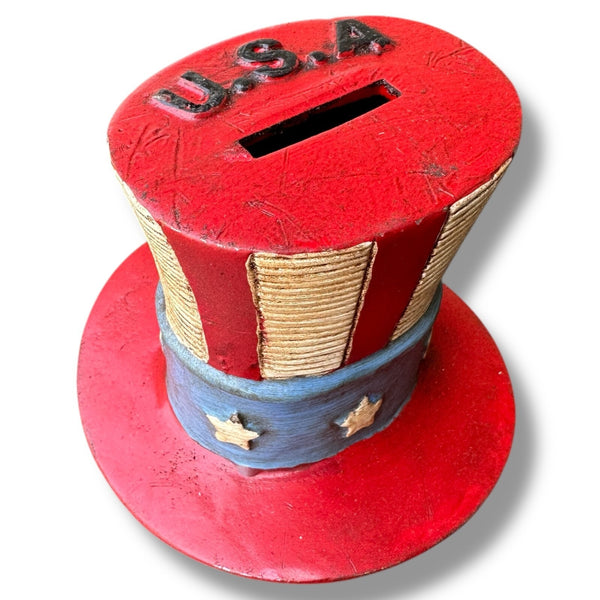 USA Patriotic Hat Coin Bank Cast Aluminum 4" Vintage Style Red White Blue