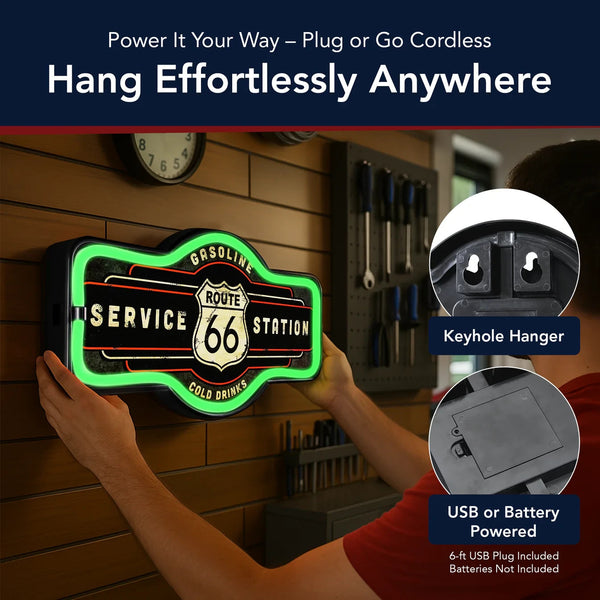 Route 66 Service Station LED Neon Light Sign Retro Americana Wall Decor 9.5"x17"