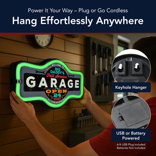 Big Daddy's Garage Full Service 24 Hour LED Neon Style 17" Light Up Sign
