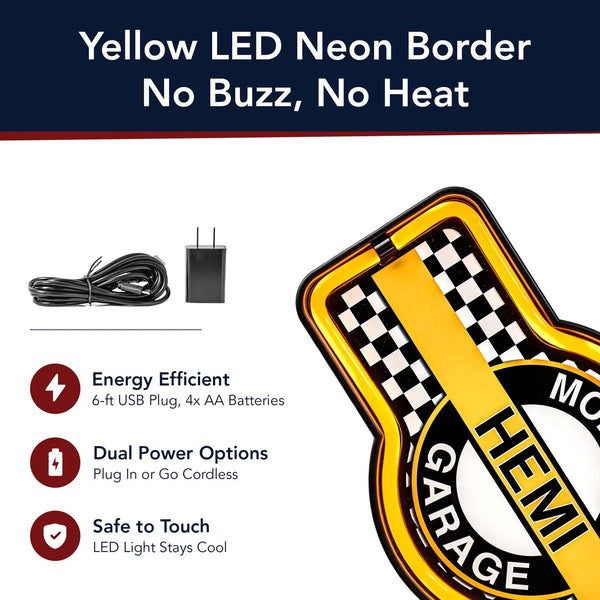 Mopar HEMI Garage LED Neon Light Wall Sign USB/Battery 17.25x9.5 Man Cave