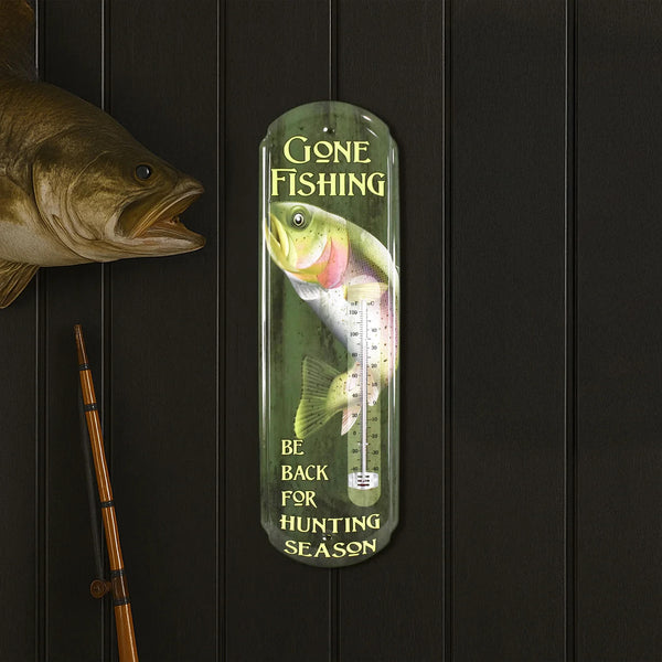 Gone Fishing Vintage Thermometer Sign Trout Metal Man Cave Wall Decor 17.25"
