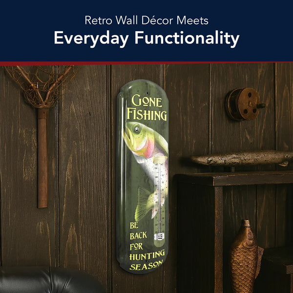 Gone Fishing Vintage Thermometer Sign Trout Metal Man Cave Wall Decor 17.25"