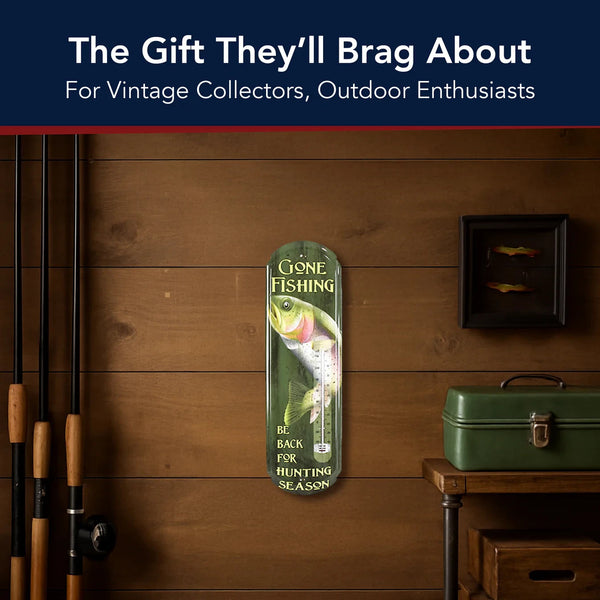 Gone Fishing Vintage Thermometer Sign Trout Metal Man Cave Wall Decor 17.25"