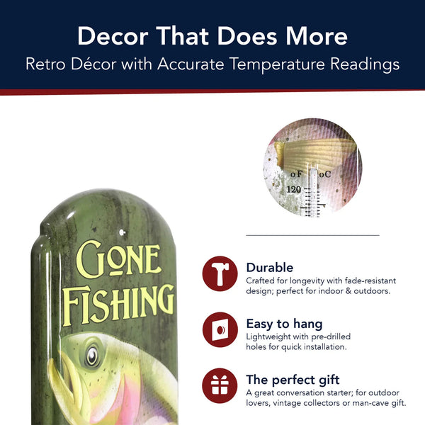 Gone Fishing Vintage Thermometer Sign Trout Metal Man Cave Wall Decor 17.25"