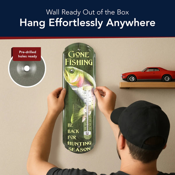 Gone Fishing Vintage Thermometer Sign Trout Metal Man Cave Wall Decor 17.25"