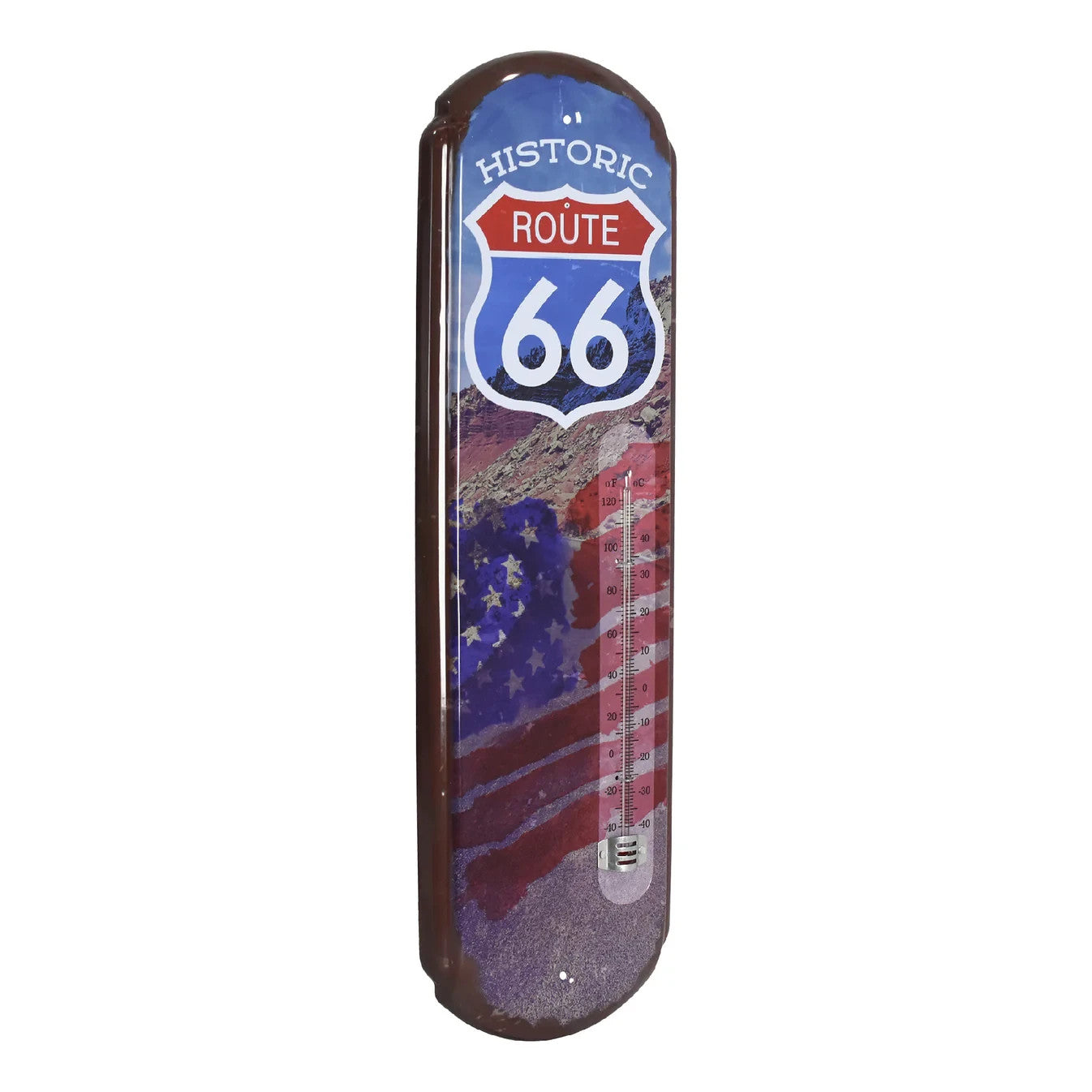 Historic Route 66 Metal Thermometer Sign 17.25" Vintage Wall Decor Dual-Scale