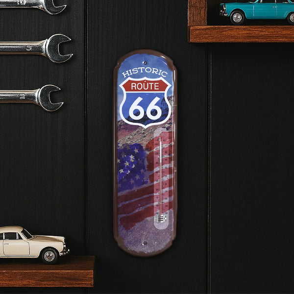 Historic Route 66 Metal Thermometer Sign 17.25" Vintage Wall Decor Dual-Scale