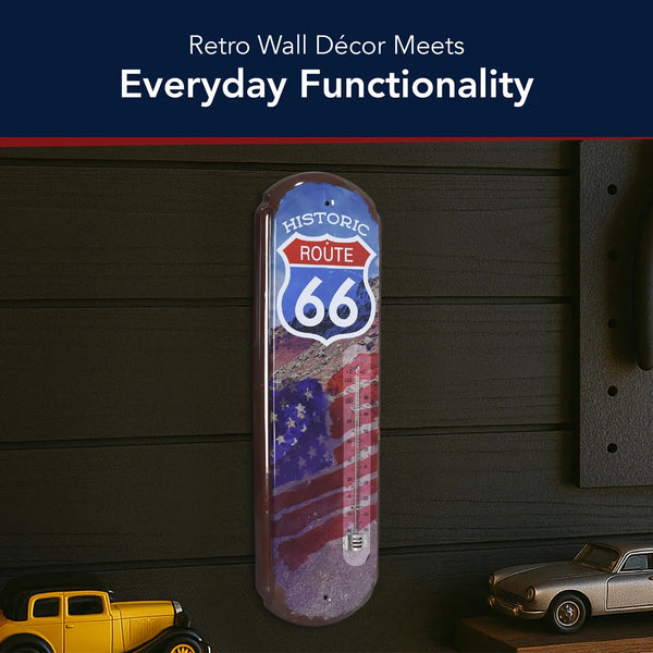 Historic Route 66 Metal Thermometer Sign 17.25" Vintage Wall Decor Dual-Scale