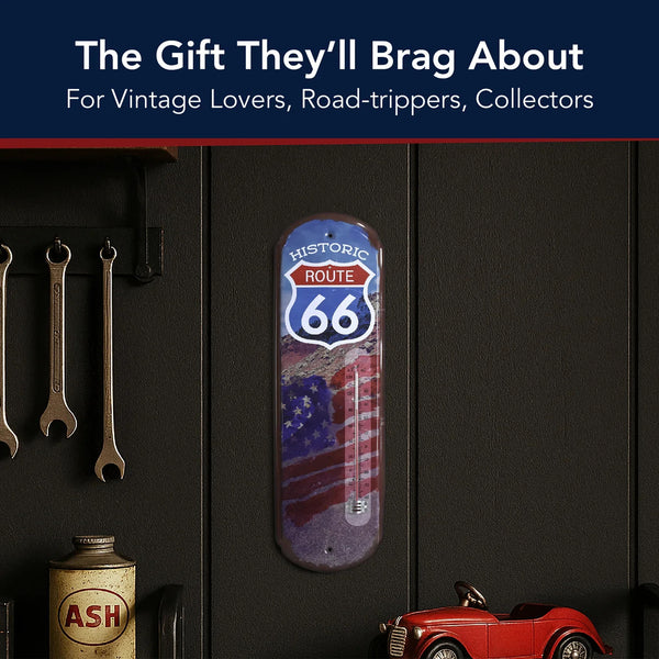 Historic Route 66 Metal Thermometer Sign 17.25" Vintage Wall Decor Dual-Scale