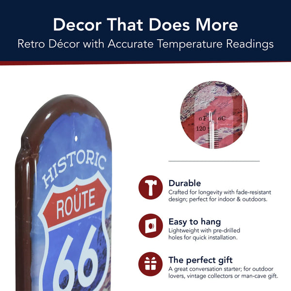 Historic Route 66 Metal Thermometer Sign 17.25" Vintage Wall Decor Dual-Scale