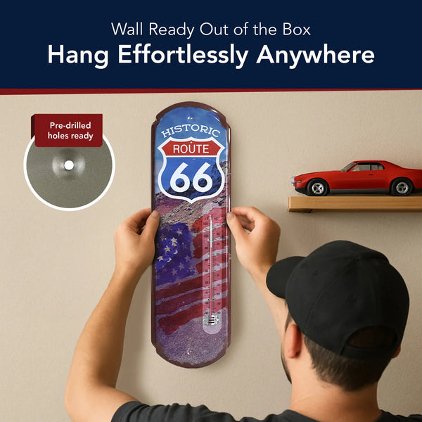 Historic Route 66 Metal Thermometer Sign 17.25" Vintage Wall Decor Dual-Scale