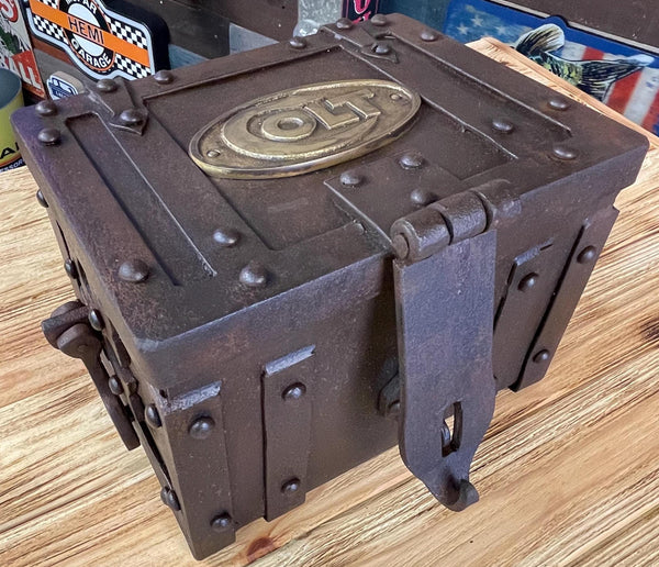 Colt Cast Iron Strong Box Antique Finish Brass Tag Vintage Western Decor