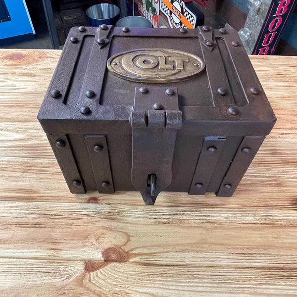 Colt Cast Iron Strong Box Antique Finish Brass Tag Vintage Western Decor