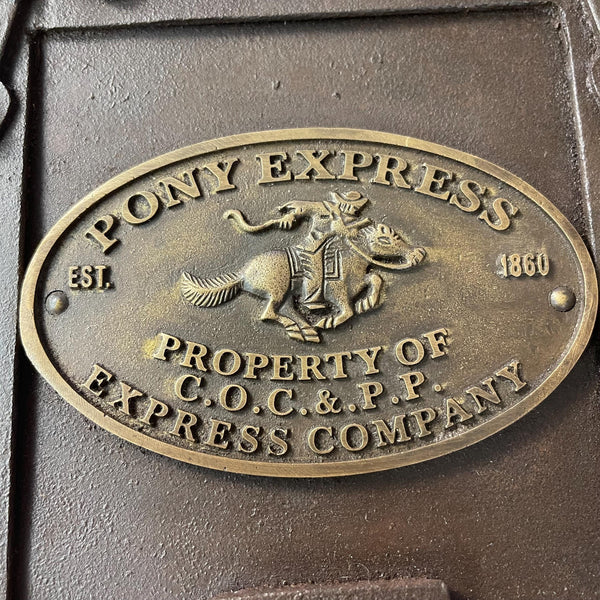 Pony Express Cast Iron Strong Box Antique Finish Brass Tag Vintage Western Decor