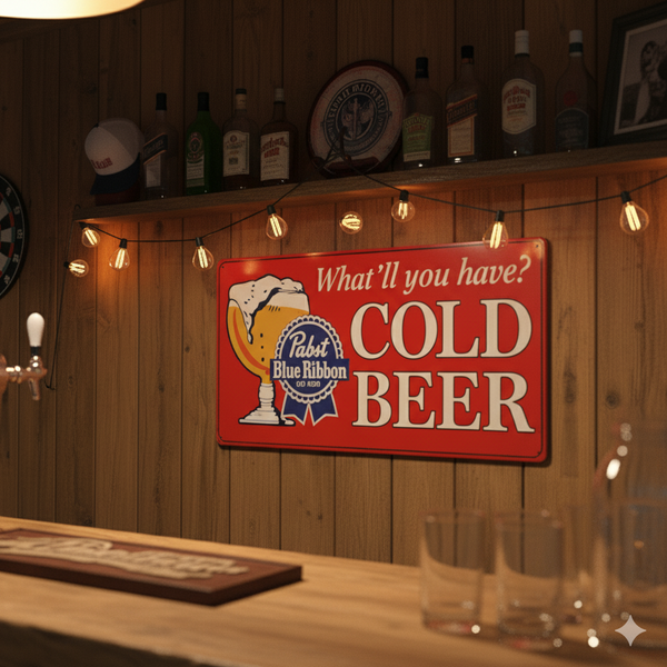 Pabst Blue Ribbon Cold Beer Licensed Metal Sign 19" x 9.5" Bar Man Cave Decor