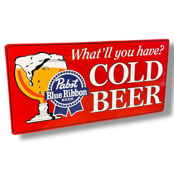 Pabst Blue Ribbon Cold Beer Licensed Metal Sign 19" x 9.5" Bar Man Cave Decor