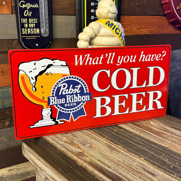 Pabst Blue Ribbon Cold Beer Licensed Metal Sign 19" x 9.5" Bar Man Cave Decor