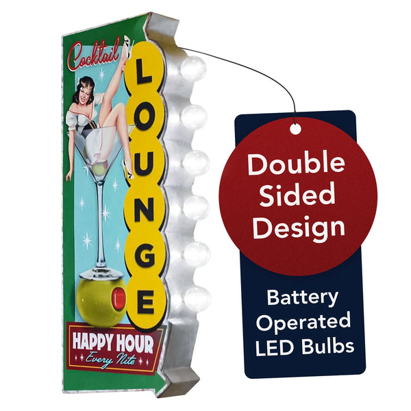 Cocktail Lounge Happy Hour Double-Sided Retro Vintage Inspired Marquee LED Sign