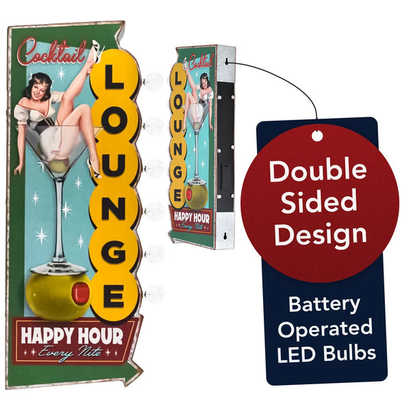 Cocktail Lounge Happy Hour Double-Sided Retro Vintage Inspired Marquee LED Sign