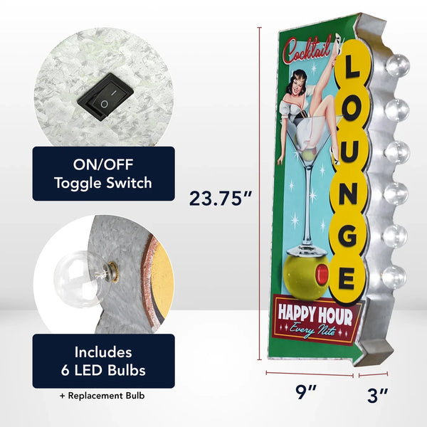Cocktail Lounge Happy Hour Double-Sided Retro Vintage Inspired Marquee LED Sign