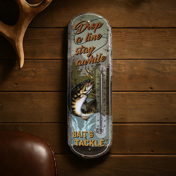 Drop a Line Fishing Thermometer Wall Sign, Rustic Metal Bait & Tackle Lodge Decor with Dual Fahrenheit/Celsius Gauge for Man Cave, Cabin, Patio, or Garage, 17.25 Inch