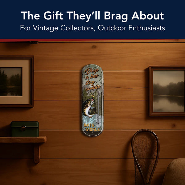 Drop a Line Fishing Thermometer Wall Sign, Rustic Metal Bait & Tackle Lodge Decor with Dual Fahrenheit/Celsius Gauge for Man Cave, Cabin, Patio, or Garage, 17.25 Inch