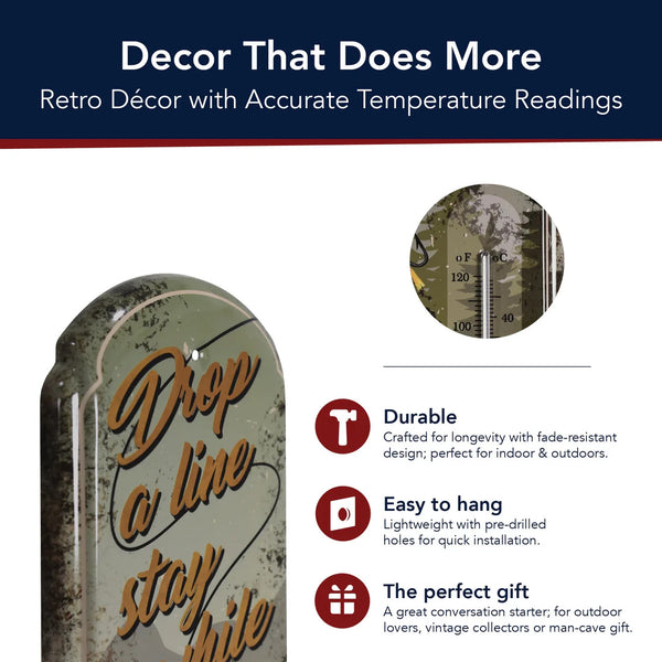 Drop a Line Fishing Thermometer Wall Sign, Rustic Metal Bait & Tackle Lodge Decor with Dual Fahrenheit/Celsius Gauge for Man Cave, Cabin, Patio, or Garage, 17.25 Inch