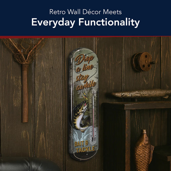 Drop a Line Fishing Thermometer Wall Sign, Rustic Metal Bait & Tackle Lodge Decor with Dual Fahrenheit/Celsius Gauge for Man Cave, Cabin, Patio, or Garage, 17.25 Inch