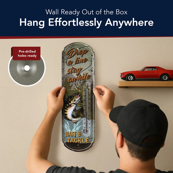 Drop a Line Fishing Thermometer Wall Sign, Rustic Metal Bait & Tackle Lodge Decor with Dual Fahrenheit/Celsius Gauge for Man Cave, Cabin, Patio, or Garage, 17.25 Inch