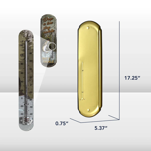 Drop a Line Fishing Thermometer Wall Sign, Rustic Metal Bait & Tackle Lodge Decor with Dual Fahrenheit/Celsius Gauge for Man Cave, Cabin, Patio, or Garage, 17.25 Inch