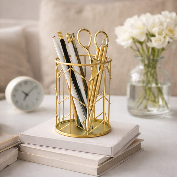 Modern Gold Metal Pencil Holder – Geometric Desk Organizer