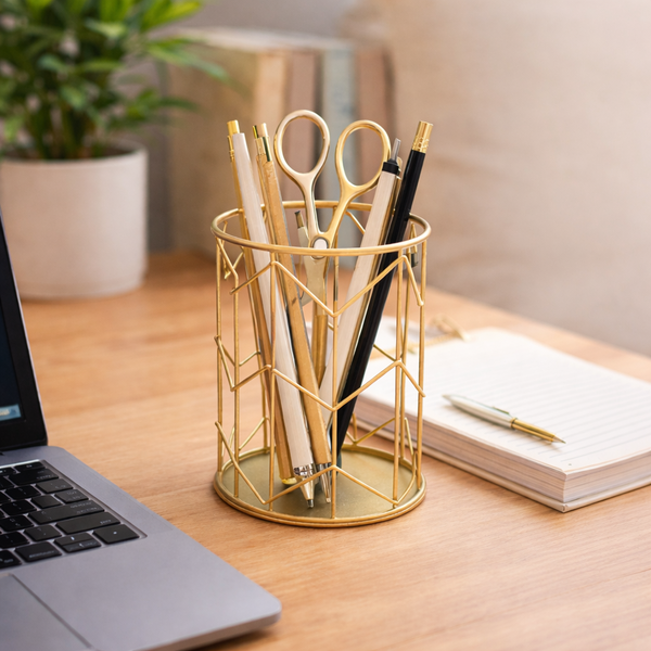 Modern Gold Metal Pencil Holder – Geometric Desk Organizer