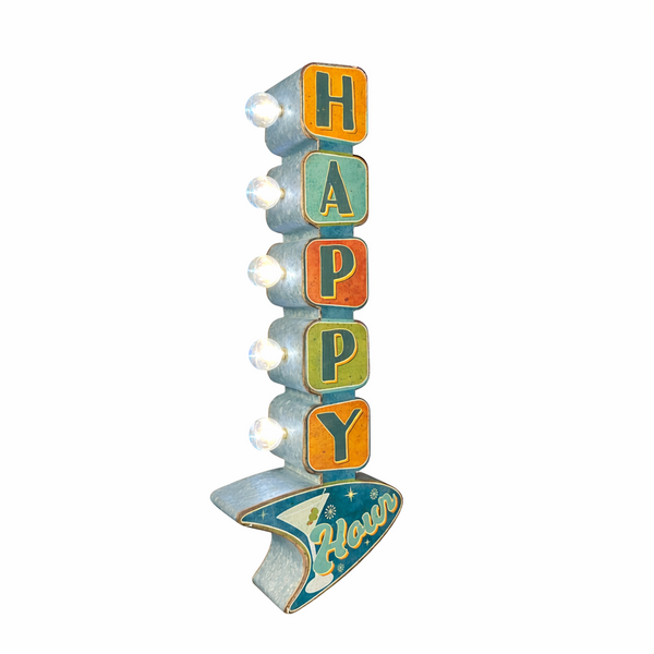 Happy Hour Double-Sided LED Metal Marquee Sign – Vintage Retro Bar Wall Decor, Battery Powered, 25" Tall