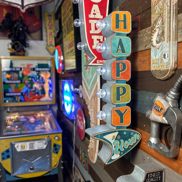 Happy Hour Double-Sided LED Metal Marquee Sign – Vintage Retro Bar Wall Decor, Battery Powered, 25" Tall