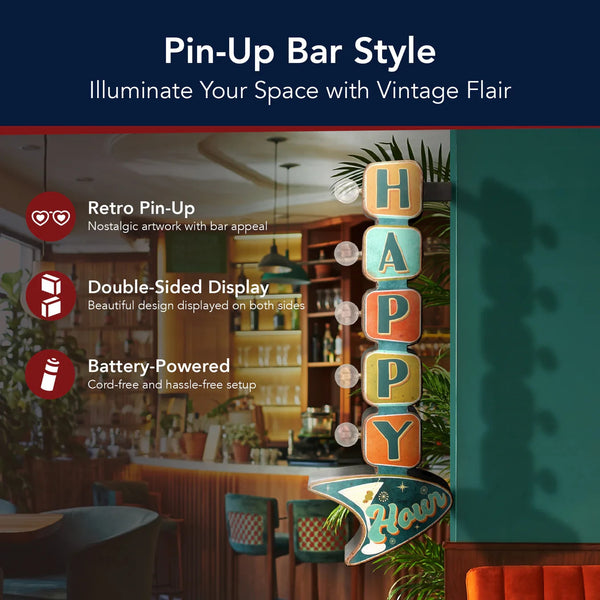 Happy Hour Double-Sided LED Metal Marquee Sign – Vintage Retro Bar Wall Decor, Battery Powered, 25" Tall