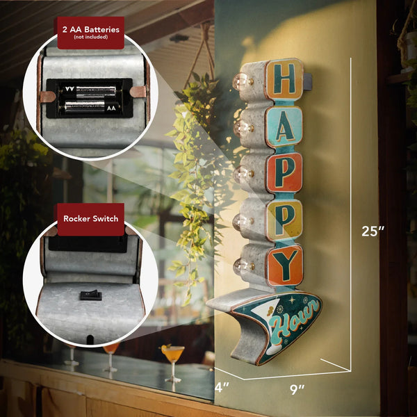 Happy Hour Double-Sided LED Metal Marquee Sign – Vintage Retro Bar Wall Decor, Battery Powered, 25" Tall