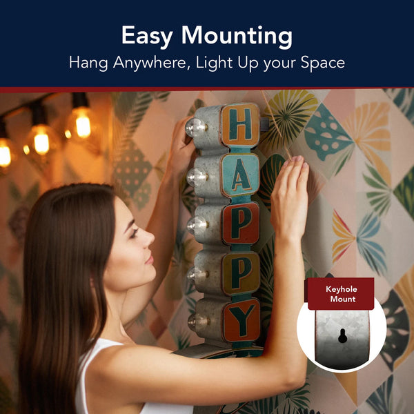 Happy Hour Double-Sided LED Metal Marquee Sign – Vintage Retro Bar Wall Decor, Battery Powered, 25" Tall