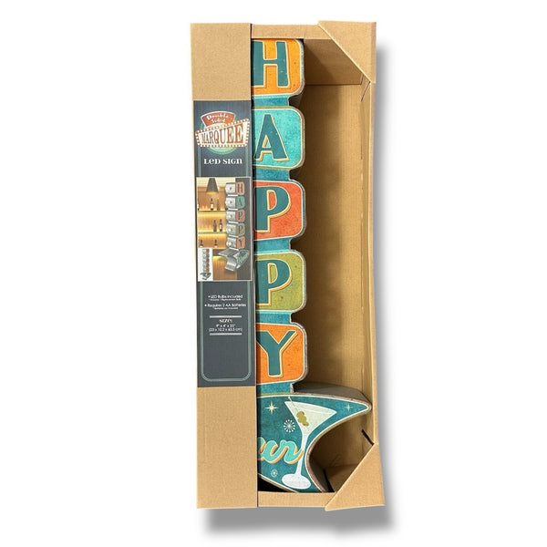 Happy Hour Double-Sided LED Metal Marquee Sign – Vintage Retro Bar Wall Decor, Battery Powered, 25" Tall