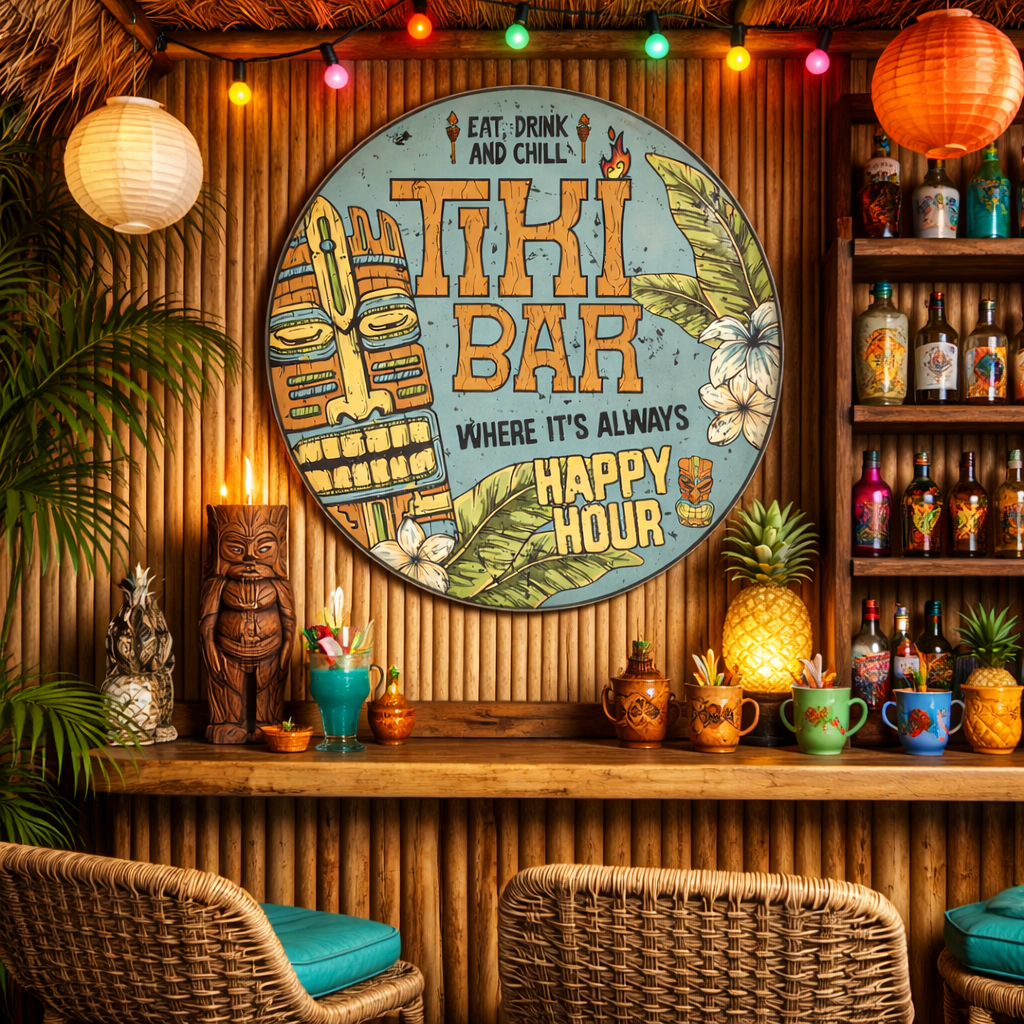 Tiki Bar Round Wall Plaque 20 Inch Vintage Style Sign Bar Man Cave
