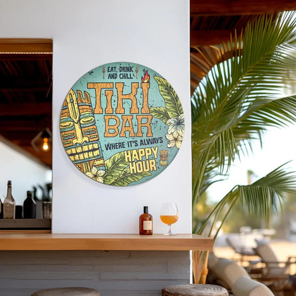 Tiki Bar Round Wall Plaque 20 Inch Vintage Style Sign Bar Man Cave Decor