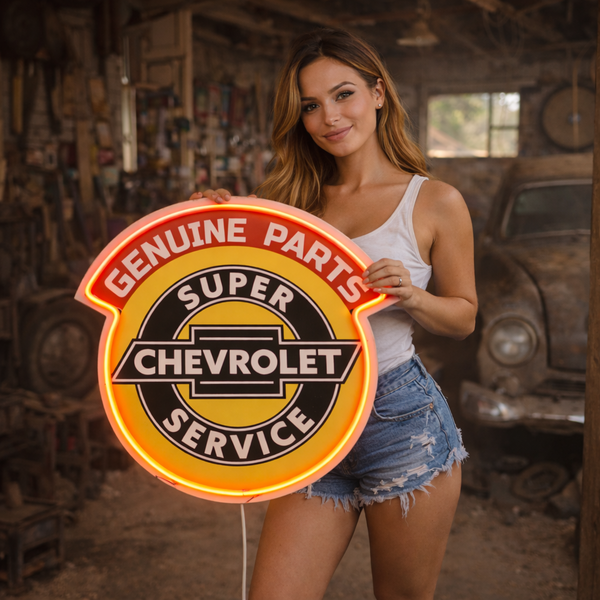 Chevrolet Genuine Parts Super Service LED Plaque Sign – Vintage Garage Neon Style Wall Decor, Red-Orange LED Accent, 16"