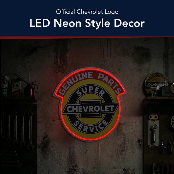 Chevrolet Genuine Parts Super Service LED Plaque Sign – Vintage Garage Neon Style Wall Decor, Red-Orange LED Accent, 16"