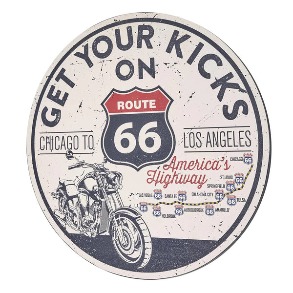 Route 66 “Get Your Kicks” Vintage Round Wall Plaque – 20 Inch Americana Garage & Bar Decor