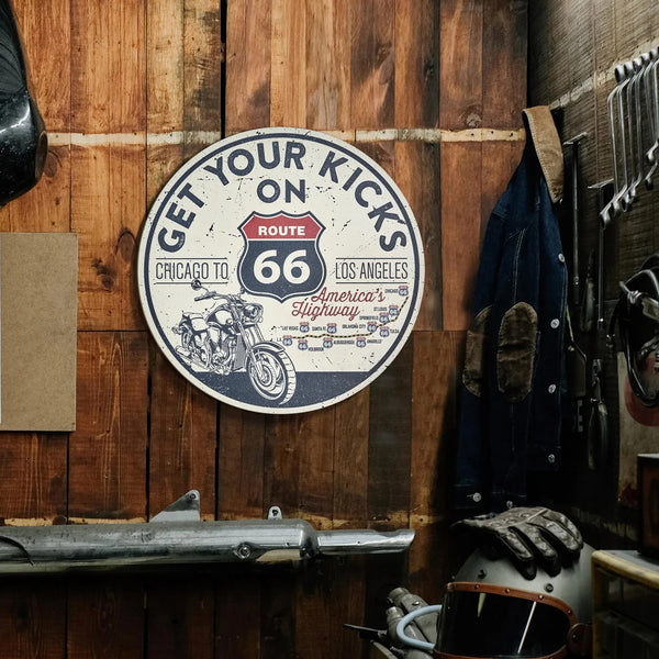 Route 66 “Get Your Kicks” Vintage Round Wall Plaque – 20 Inch Americana Garage & Bar Decor