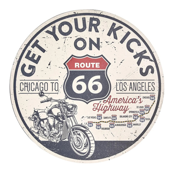 Route 66 “Get Your Kicks” Vintage Round Wall Plaque – 20 Inch Americana Garage & Bar Decor