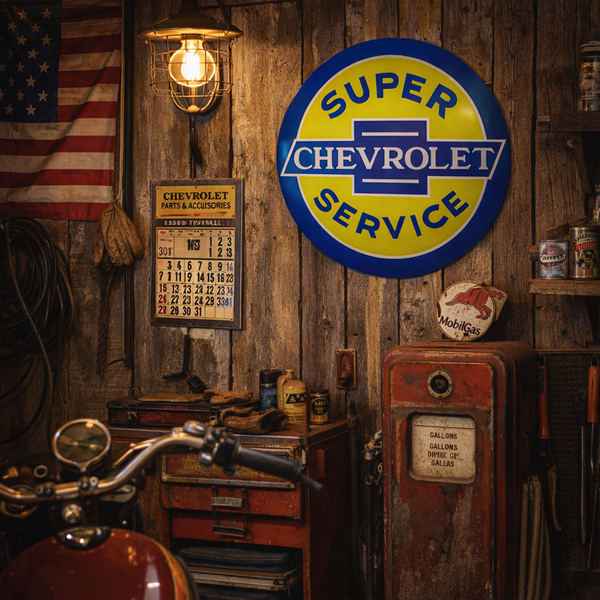 Chevrolet Classic Logo Metal Dome Wall Sign – Blue & Yellow Vintage Style Decor